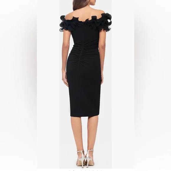 Xscape Evenings Wire Trim Off the Shoulder Black Sheath Dress - Picture 3 of 9